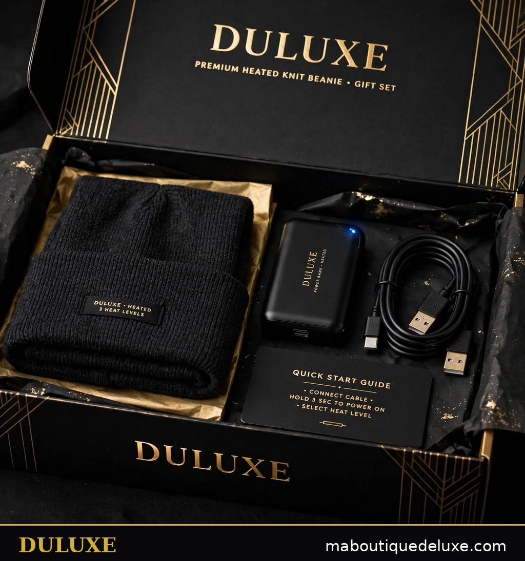 Présentation en coffret DULUXE noir et doré : bonnet chauffant, batterie et câble USB