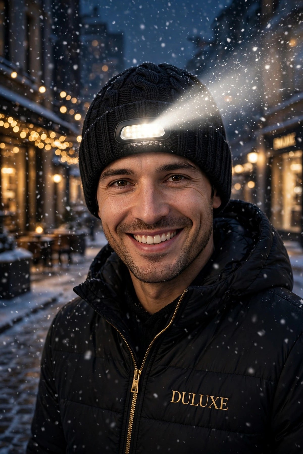 Homme souriant portant un bonnet tricoté noir à lampe LED allumée le soir dans une rue enneigée, faisceau lumineux visible