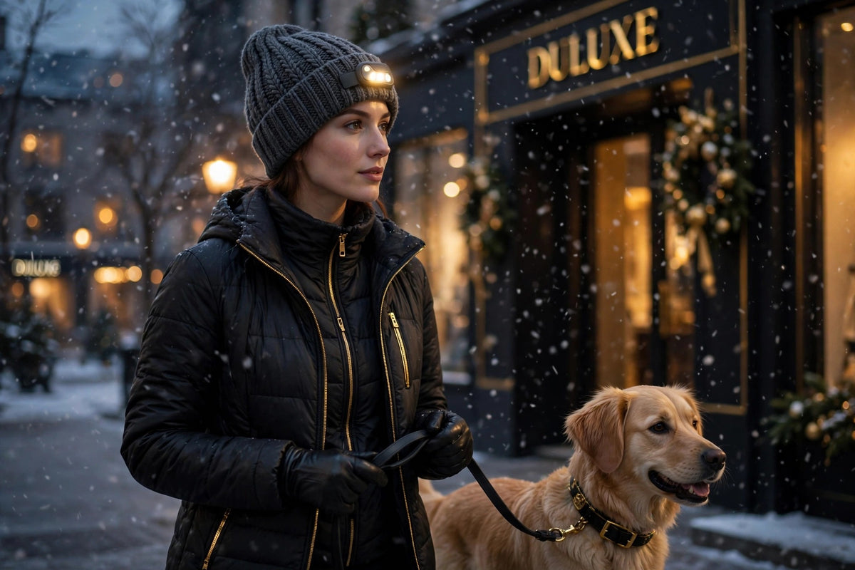 Femme en bonnet LED gris anthracite promenant son chien à la tombée du jour sous une neige douce