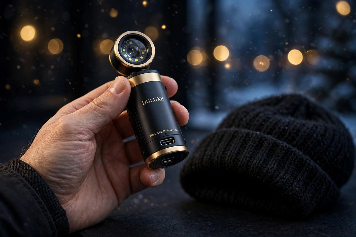 Gros plan sur la lampe LED amovible tenue en main à côté du bonnet, port USB visible