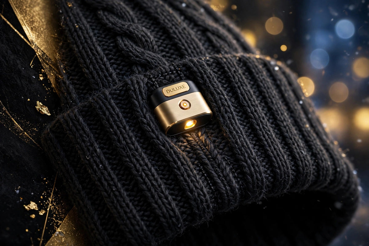 Détail de la texture en tricot du bonnet et de sa lampe LED intégrée, présentation premium sur fond noir et doré