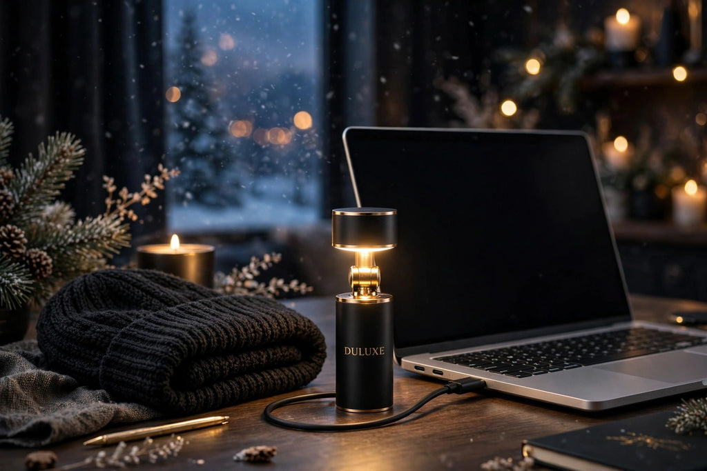 Lampe LED en charge USB branchée à un ordinateur portable, bonnet plié à côté