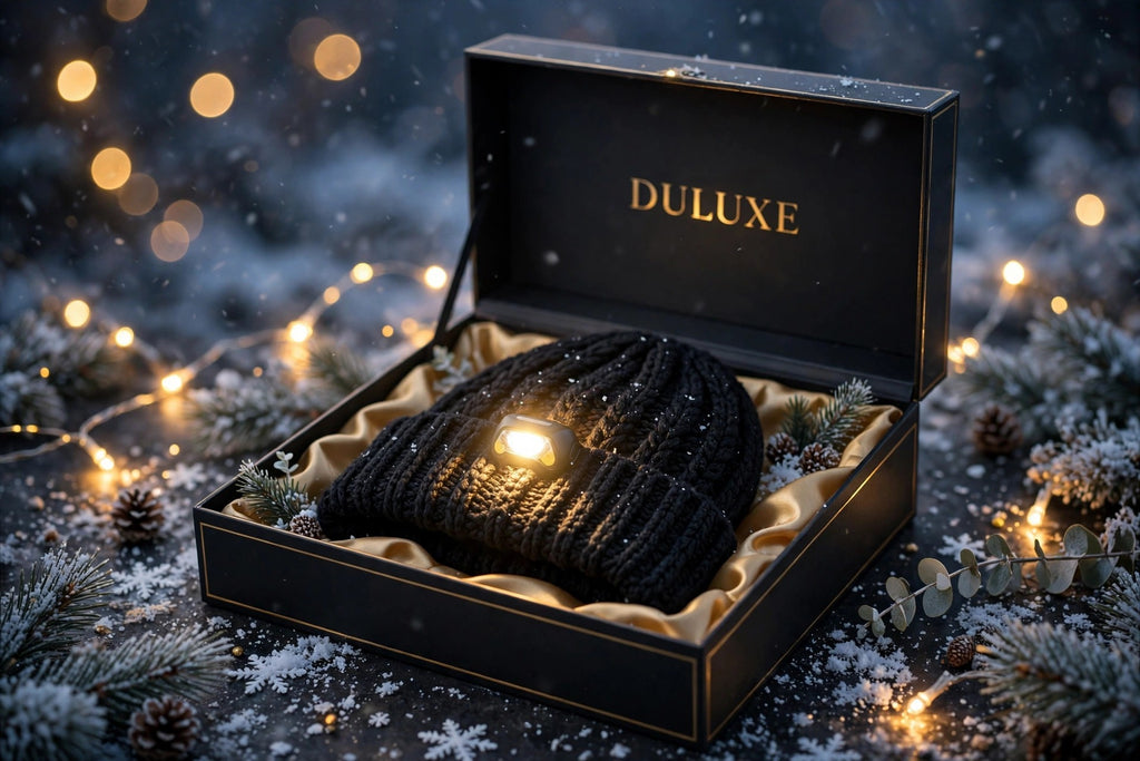 Bonnet à lampe LED présenté dans un coffret cadeau noir et doré DULUXE, ambiance des fêtes