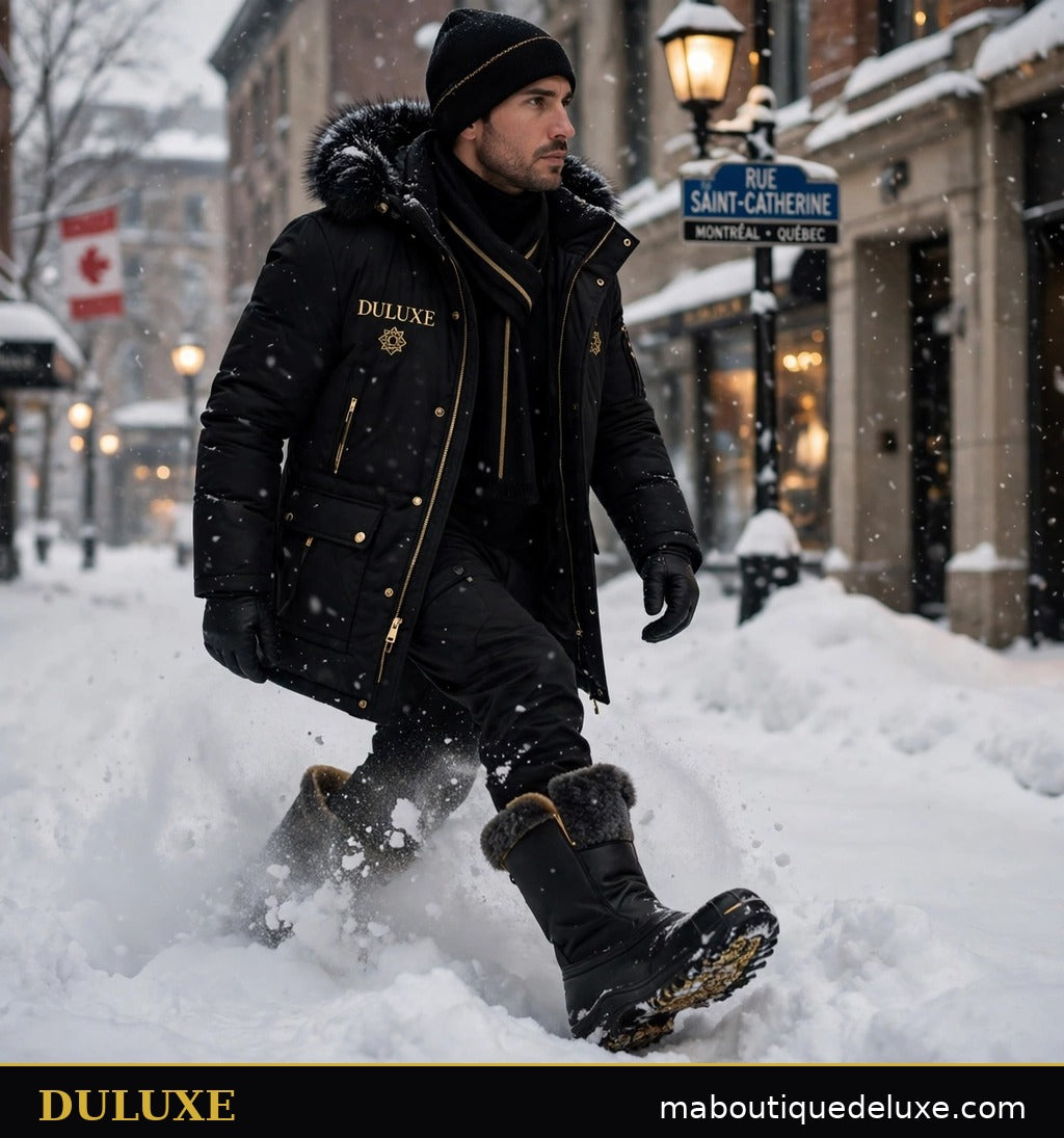 Homme en bottes d'hiver noires DULUXE marchant dans la neige au Canada, semelle antidérapante en action