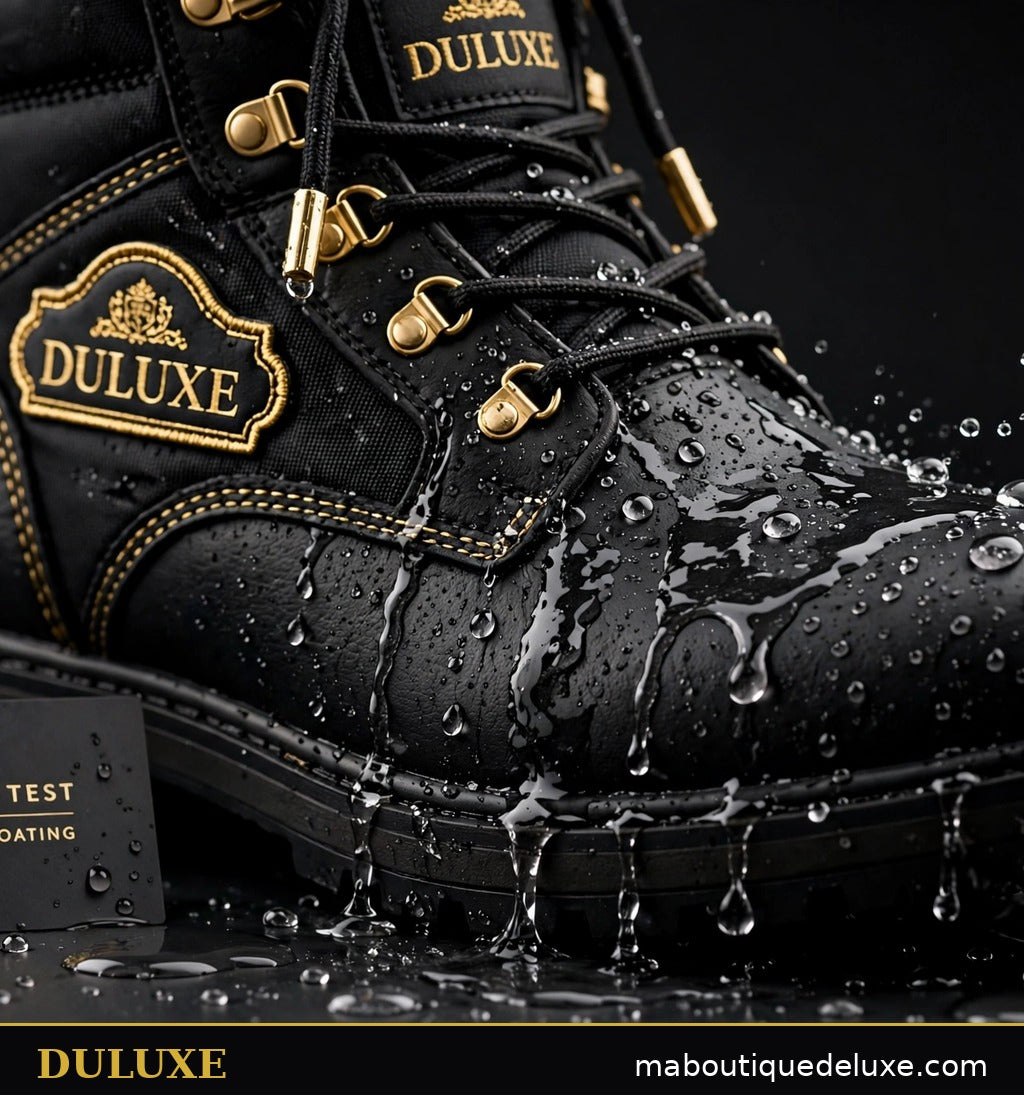Gouttes d'eau perlant sur les bottes d'hiver imperméables homme DULUXE, preuve d'étanchéité