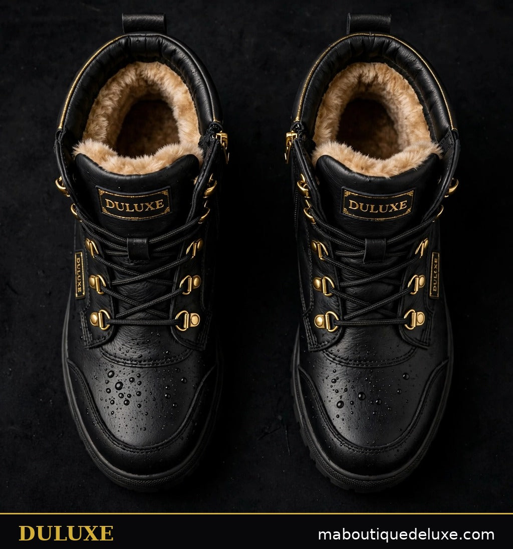 Paire de bottes d'hiver noires homme DULUXE à plat, dessus et doublure bien visibles