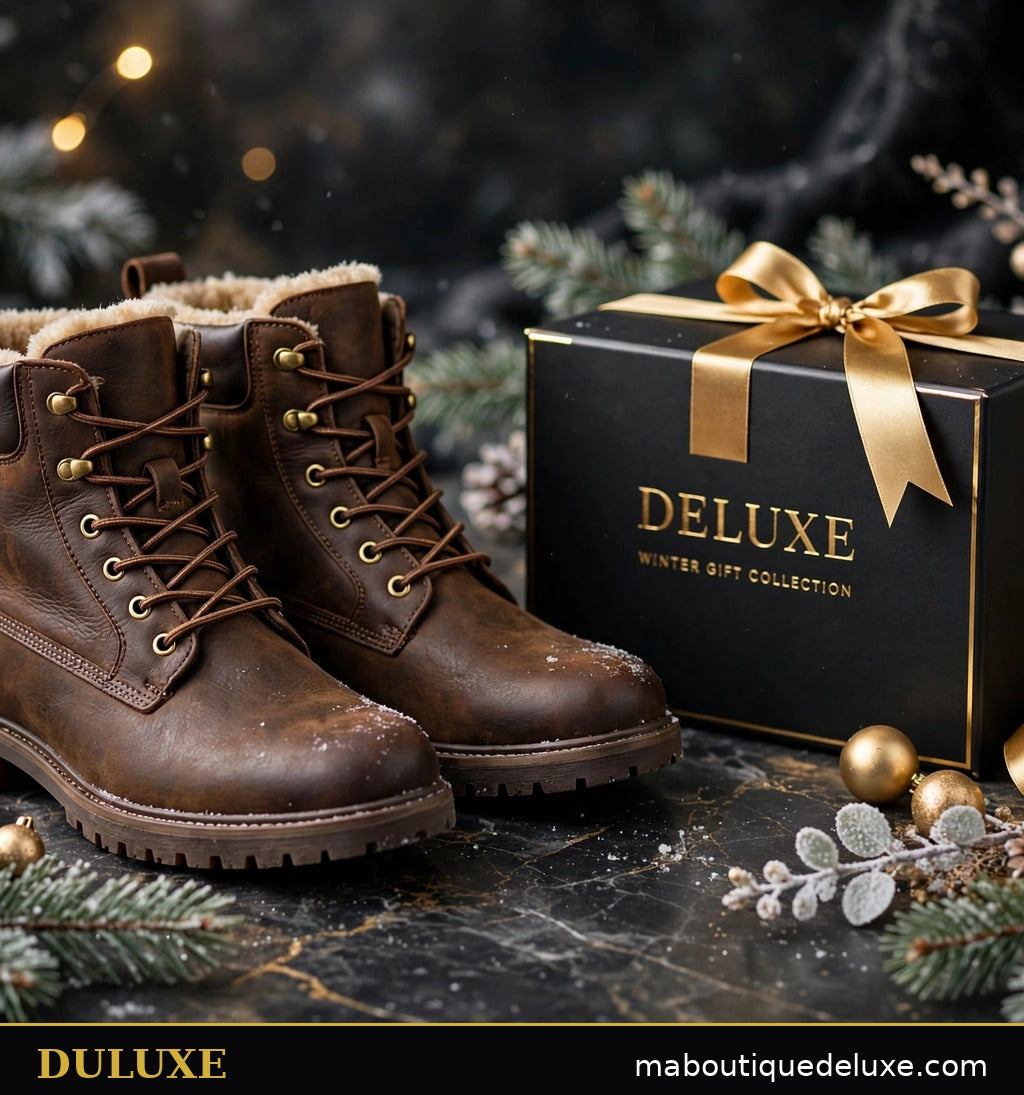 Bottes d'hiver brunes homme DULUXE à côté d'un coffret cadeau noir et or, ambiance luxe