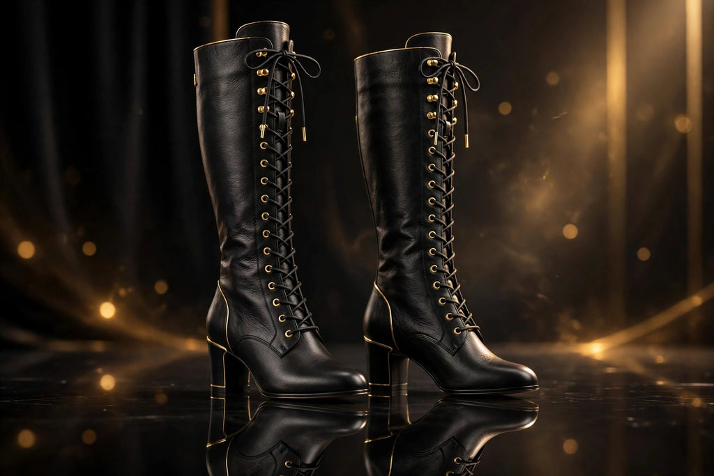 Bottes hautes à lacets noires pour femme DULUXE sur surface sombre réfléchissante, présentation premium