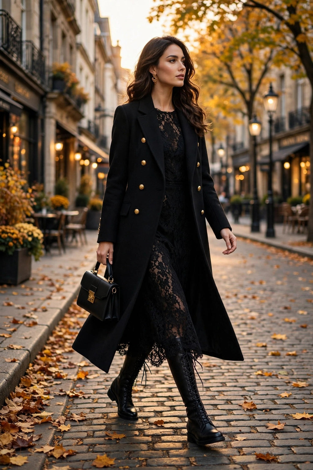 Femme portant des bottes hautes à lacets DULUXE avec une robe d'automne et un manteau long en ville