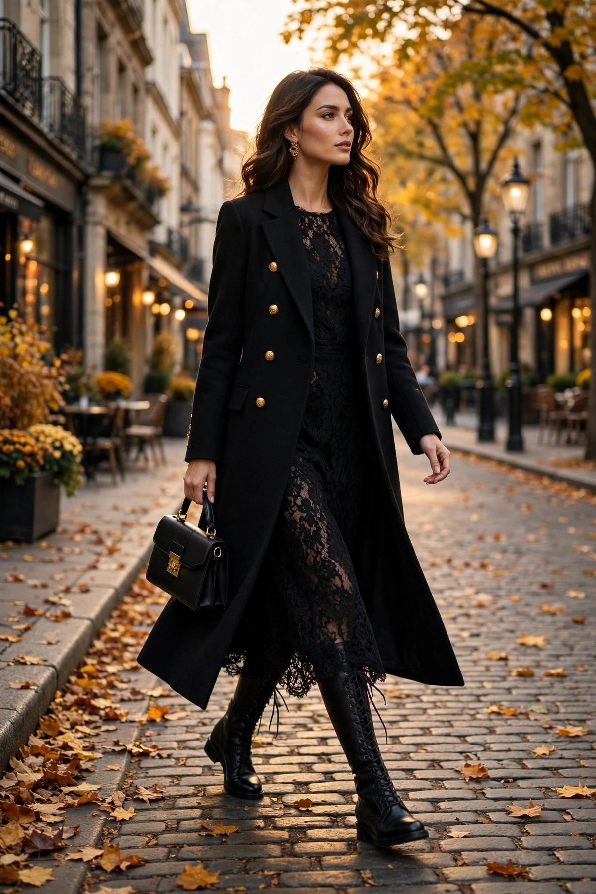 Femme portant des bottes hautes à lacets DULUXE avec une robe d'automne et un manteau long en ville