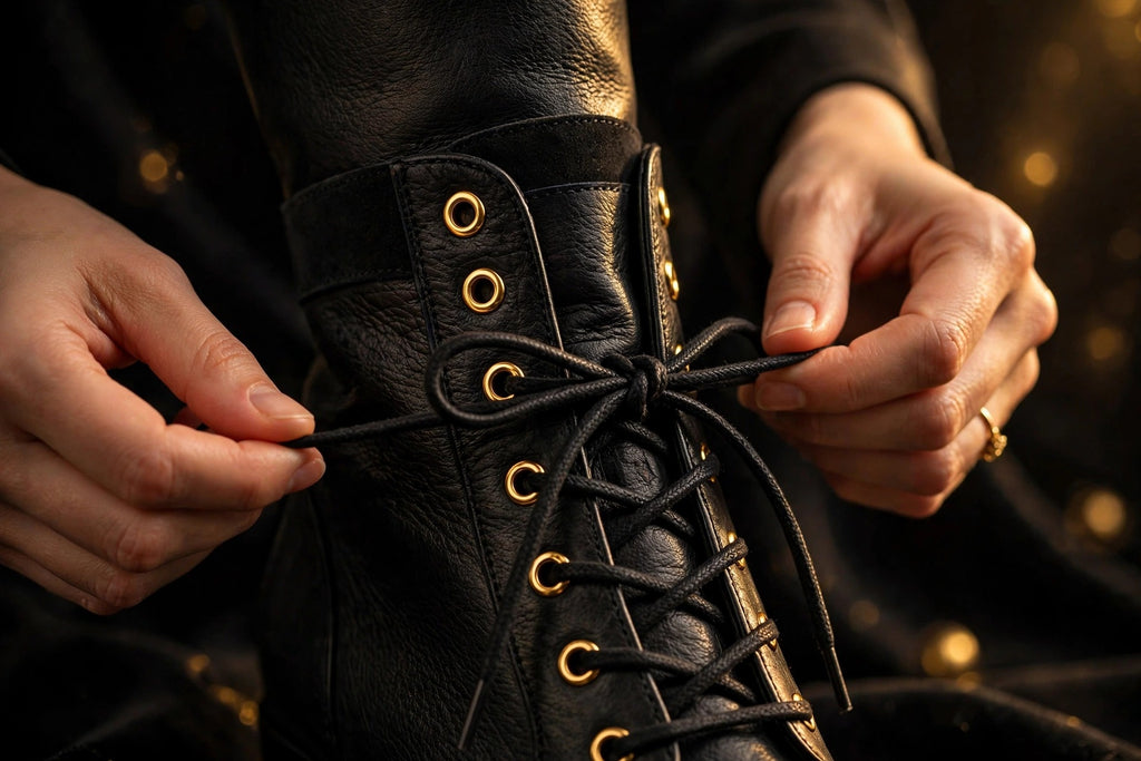 Gros plan sur les lacets ajustables et les oeillets des bottes hautes DULUXE, mains nouant les lacets