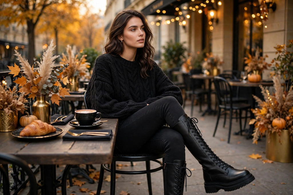 Femme en bottes hautes à lacets DULUXE sur jean skinny et pull douillet à une terrasse de café en automne