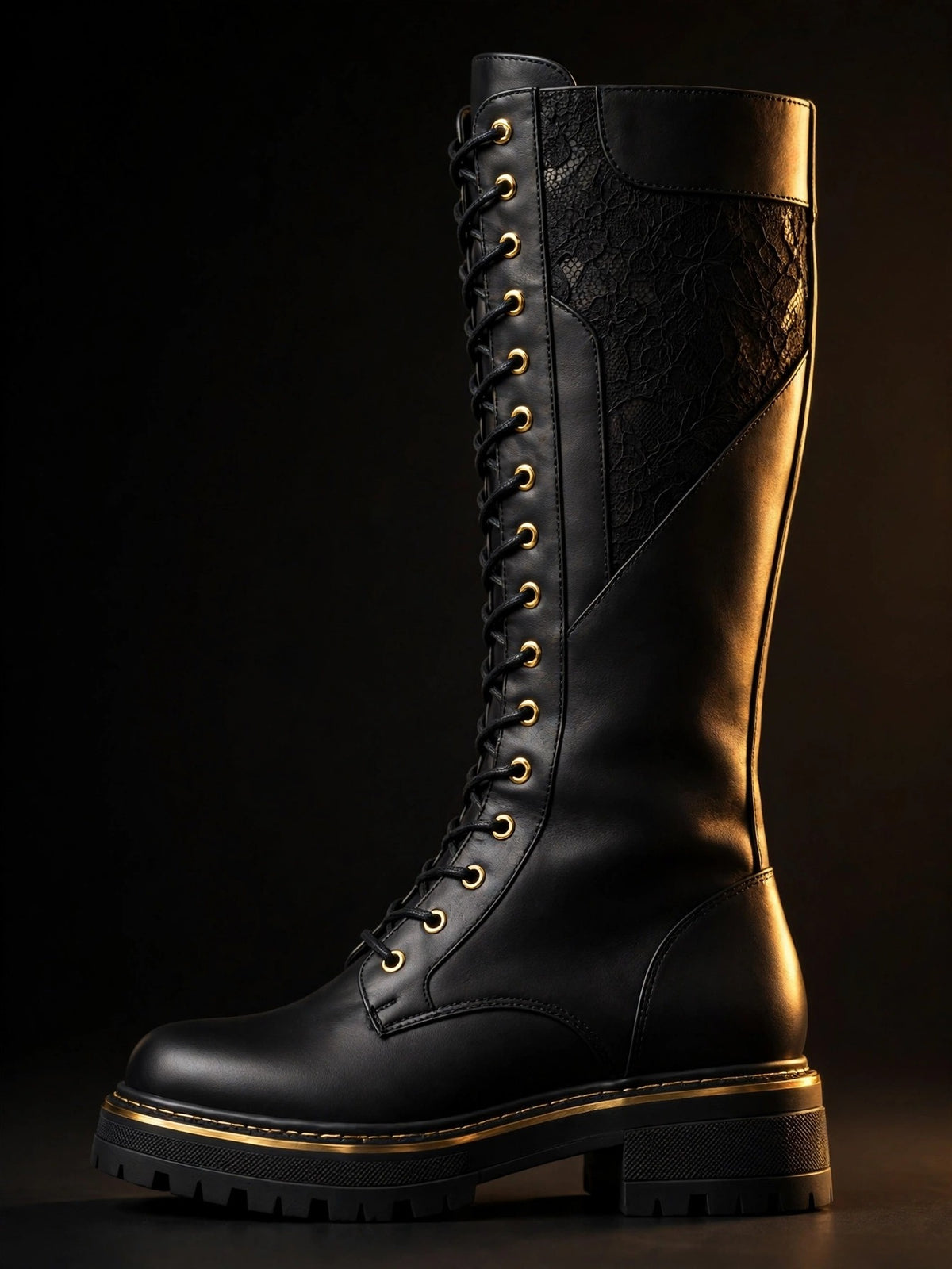 Vue de profil des bottes hautes à lacets DULUXE montrant la silhouette élancée et la semelle