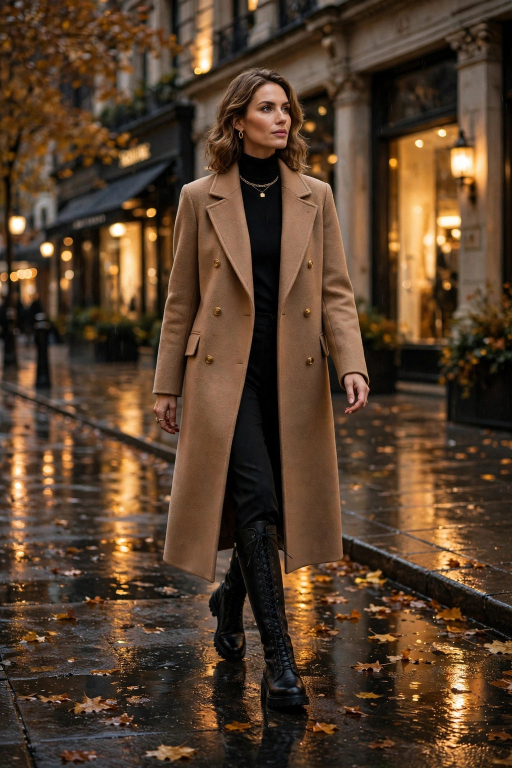 Femme en manteau long camel et bottes hautes à lacets DULUXE marchant en ville à la fin de l'automne