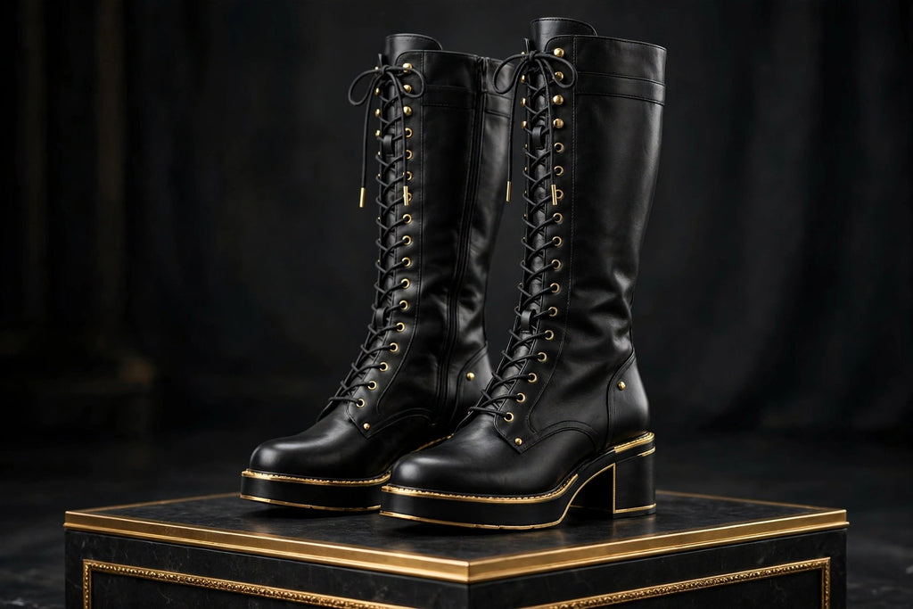 Bottes hautes à lacets DULUXE photographiées de trois quarts sur un podium sombre à liseré doré