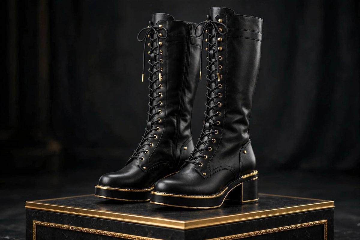 Bottes hautes à lacets DULUXE photographiées de trois quarts sur un podium sombre à liseré doré
