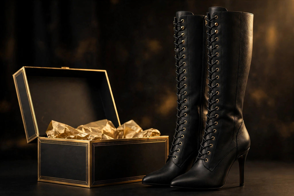 Bottes hautes à lacets DULUXE présentées près de leur boîte noire et dorée ouverte, présentation premium