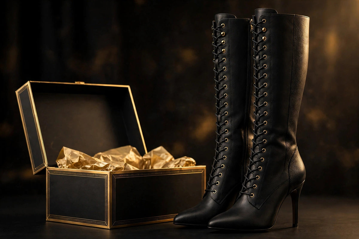 Bottes hautes à lacets DULUXE présentées près de leur boîte noire et dorée ouverte, présentation premium