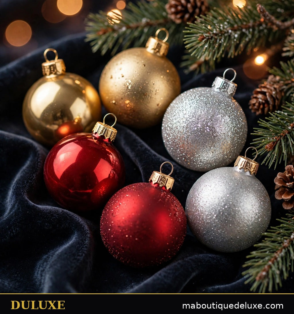 Détail des attaches dorées des boules de Noël DULUXE or, rouge et argent aux trois finitions assorties