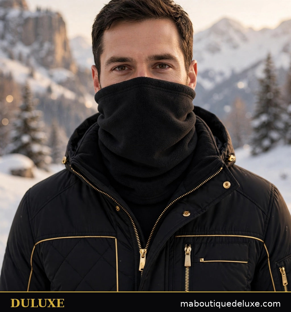 Cache-cou polaire pour homme DULUXE noir porté en hiver dans la neige, visuel principal