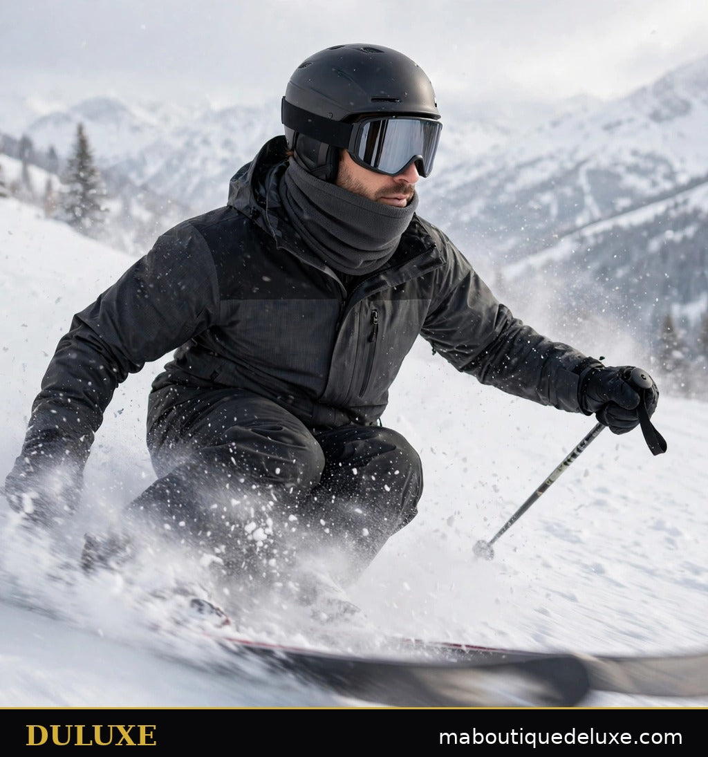 Cache-cou polaire DULUXE gris charbon porté au ski, protection coupe-vent pour homme