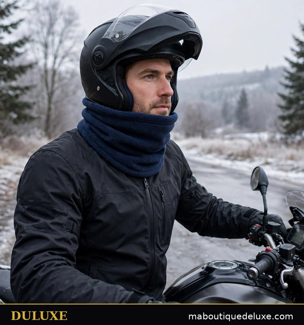 Cache-cou polaire DULUXE bleu marine porté à moto, tour de cou chaud et coupe-vent