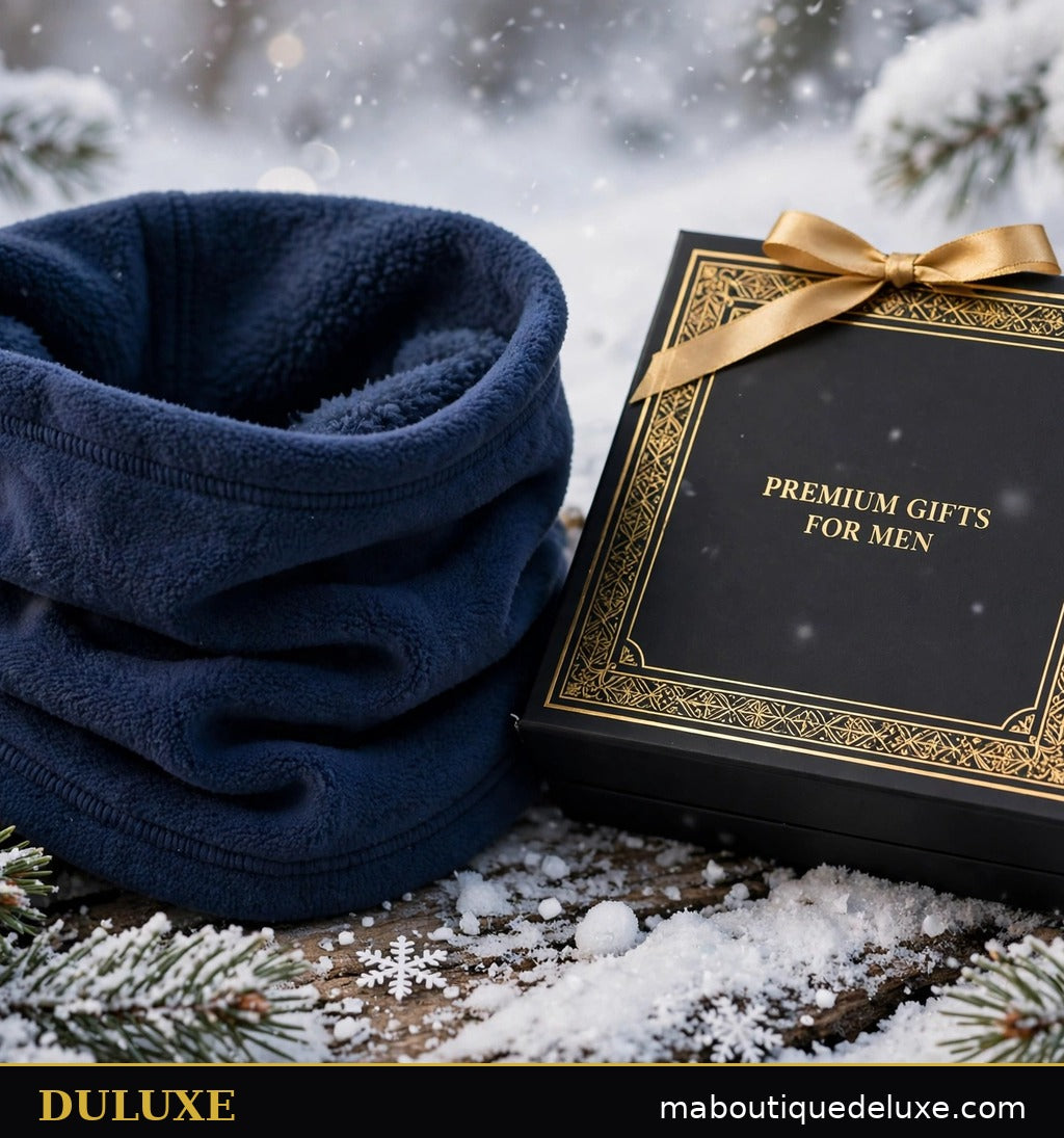 Cache-cou polaire DULUXE bleu marine présenté en idée cadeau avec coffret noir et or