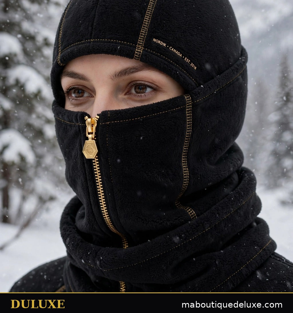 Cagoule d'hiver 3-en-1 en polaire DULUXE noire portée en cagoule complète par une femme adulte dans la neige, visuel principal