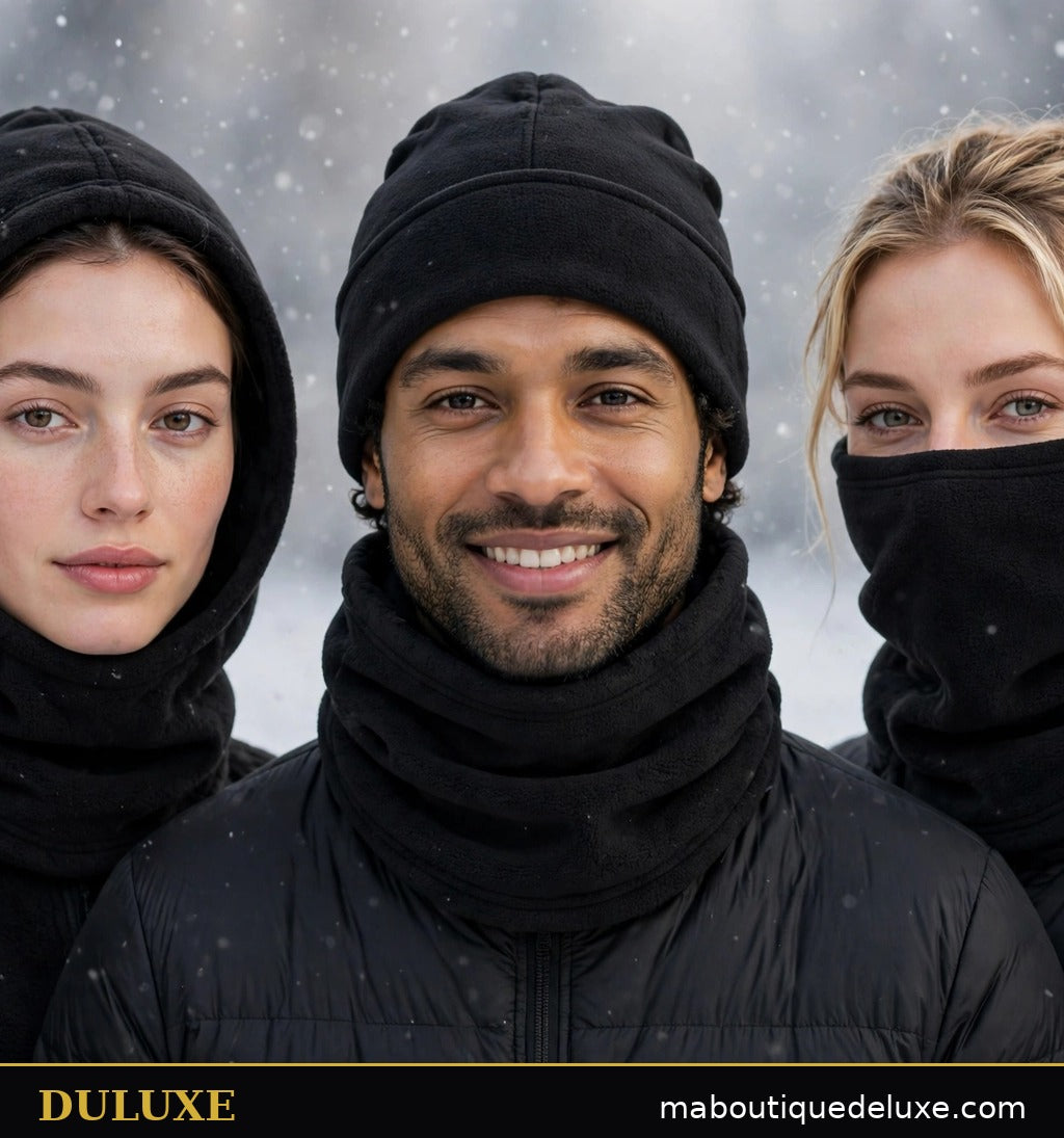 Les trois façons de porter la cagoule 3-en-1 DULUXE : cagoule complète, bonnet avec cache-cou et masque facial