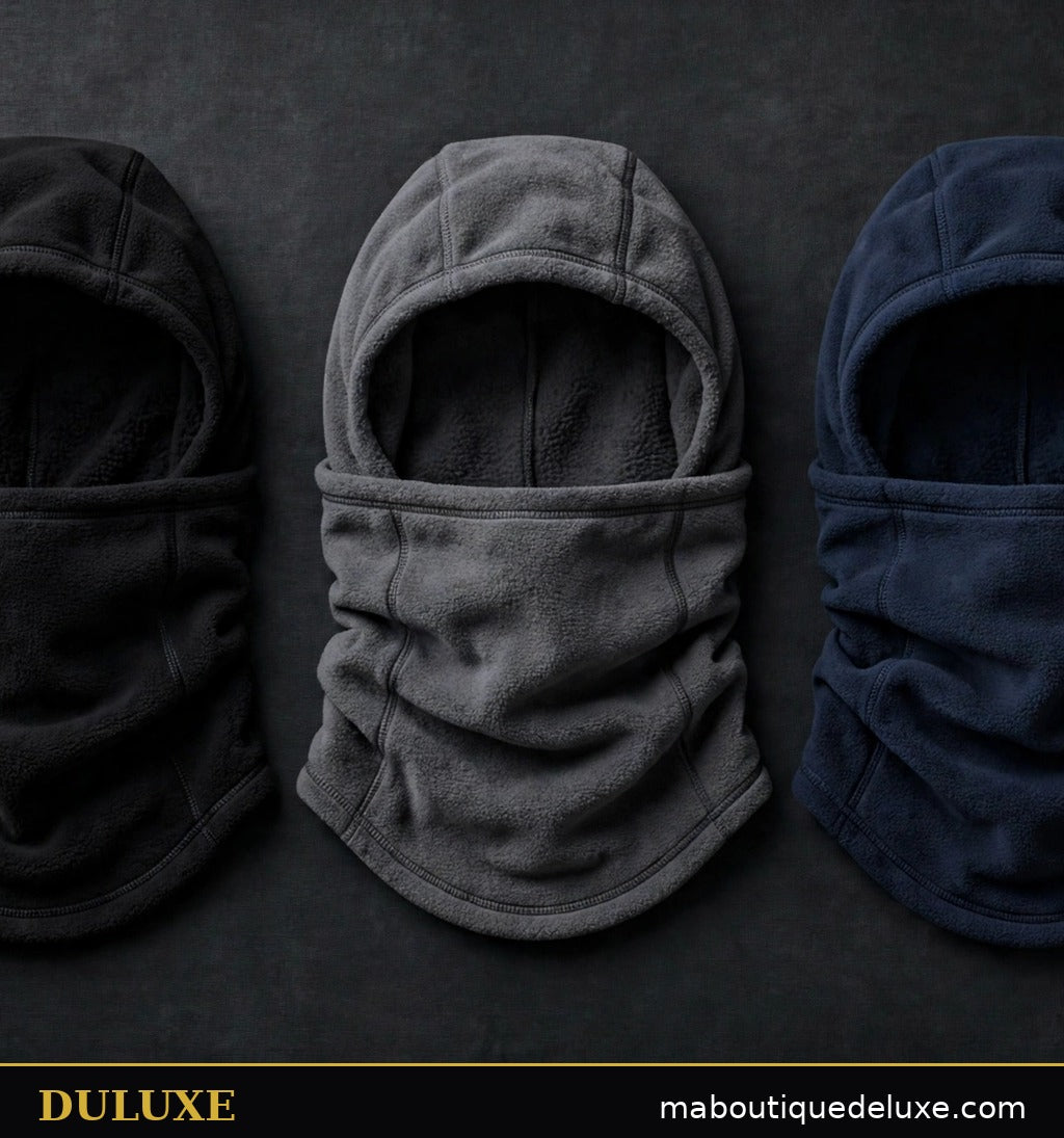 Cagoules d'hiver 3-en-1 DULUXE en trois couleurs à plat : noir, gris anthracite et bleu marine, polaire thermique