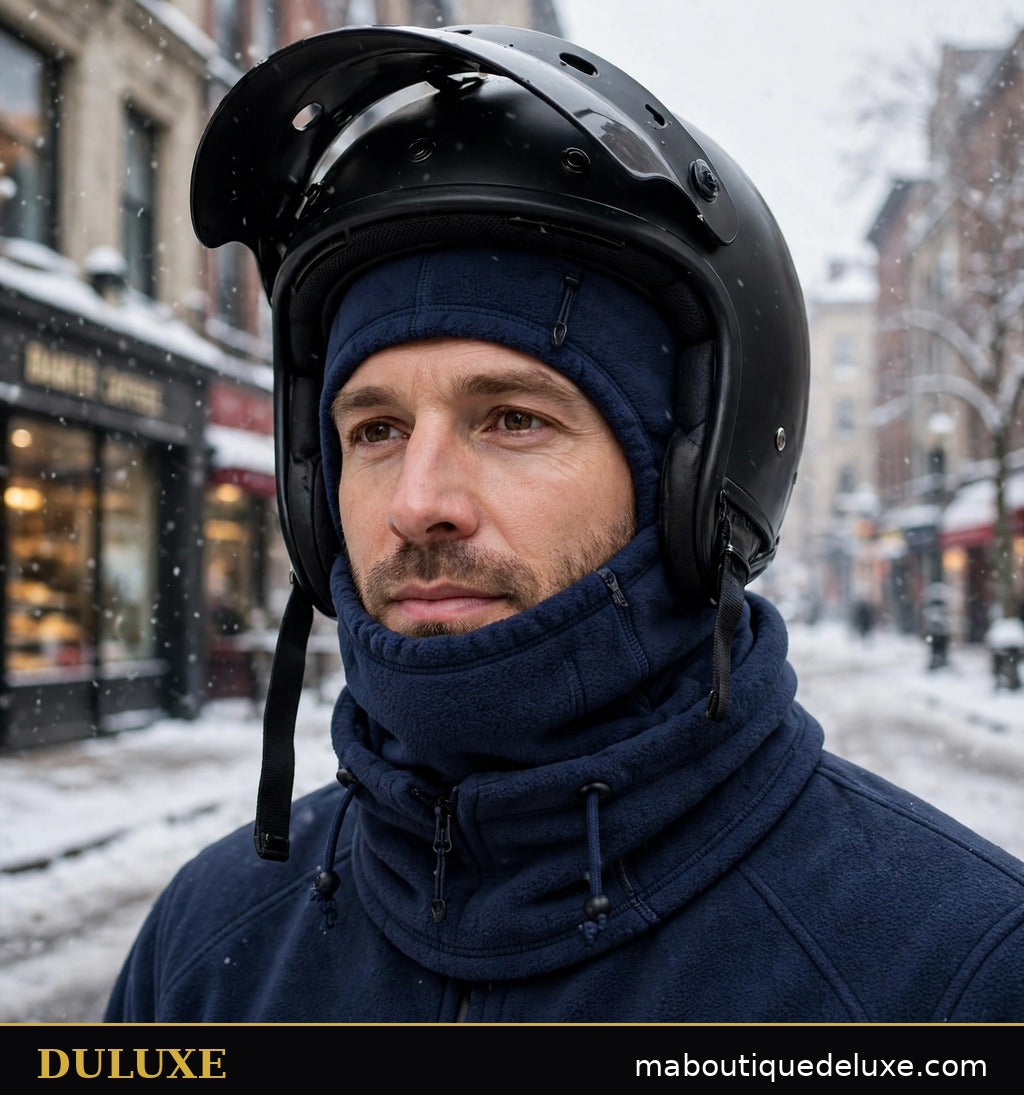 Cagoule 3-en-1 DULUXE bleu marine portée à moto en ville en hiver, polaire coupe-vent sous casque ouvert