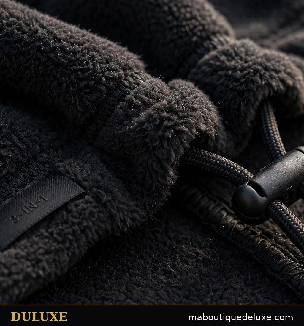 Gros plan sur la polaire thermique et le cordon de serrage de la cagoule d'hiver 3-en-1 DULUXE, texture douce et chaude