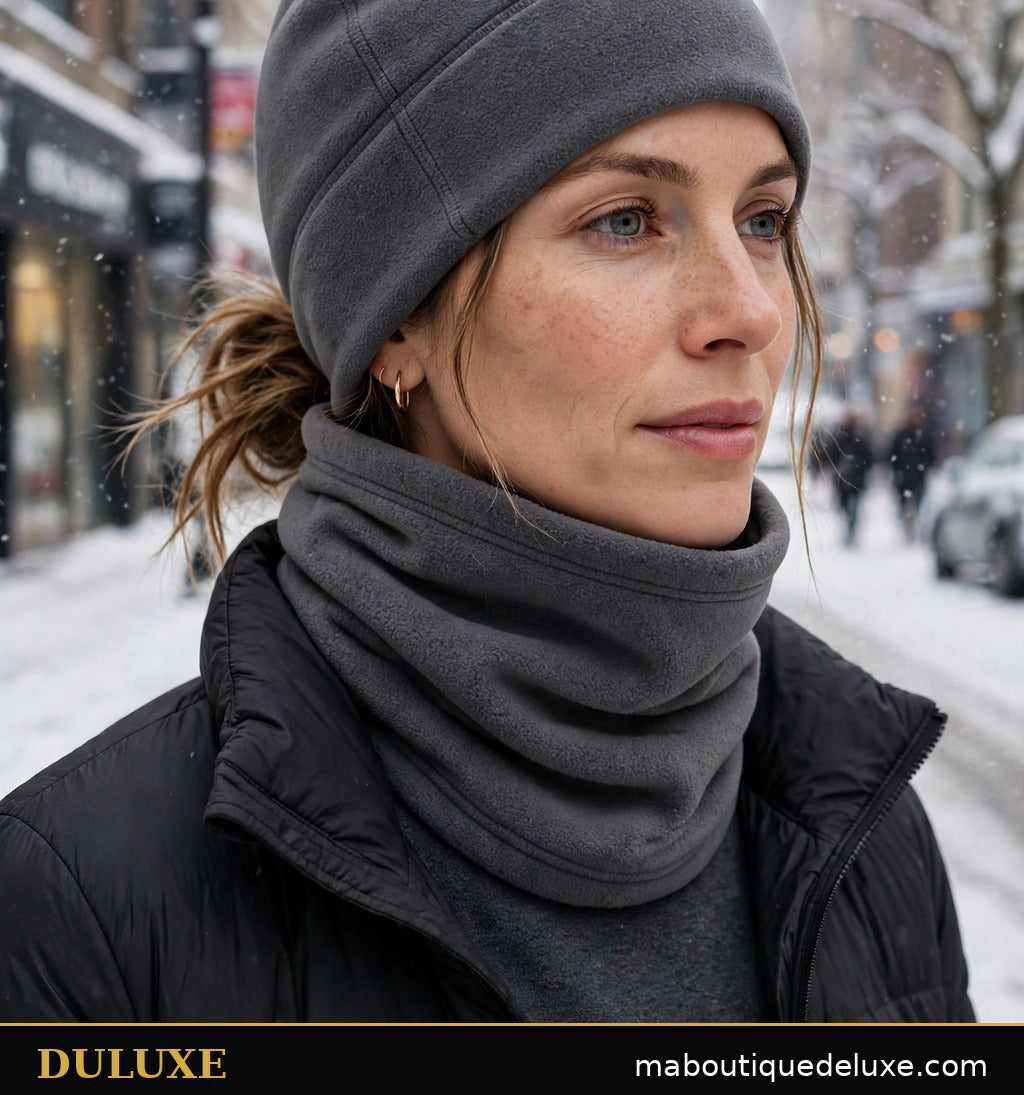 Cagoule 3-en-1 DULUXE portée en mode bonnet et cache-cou par une femme adulte en promenade hivernale en ville