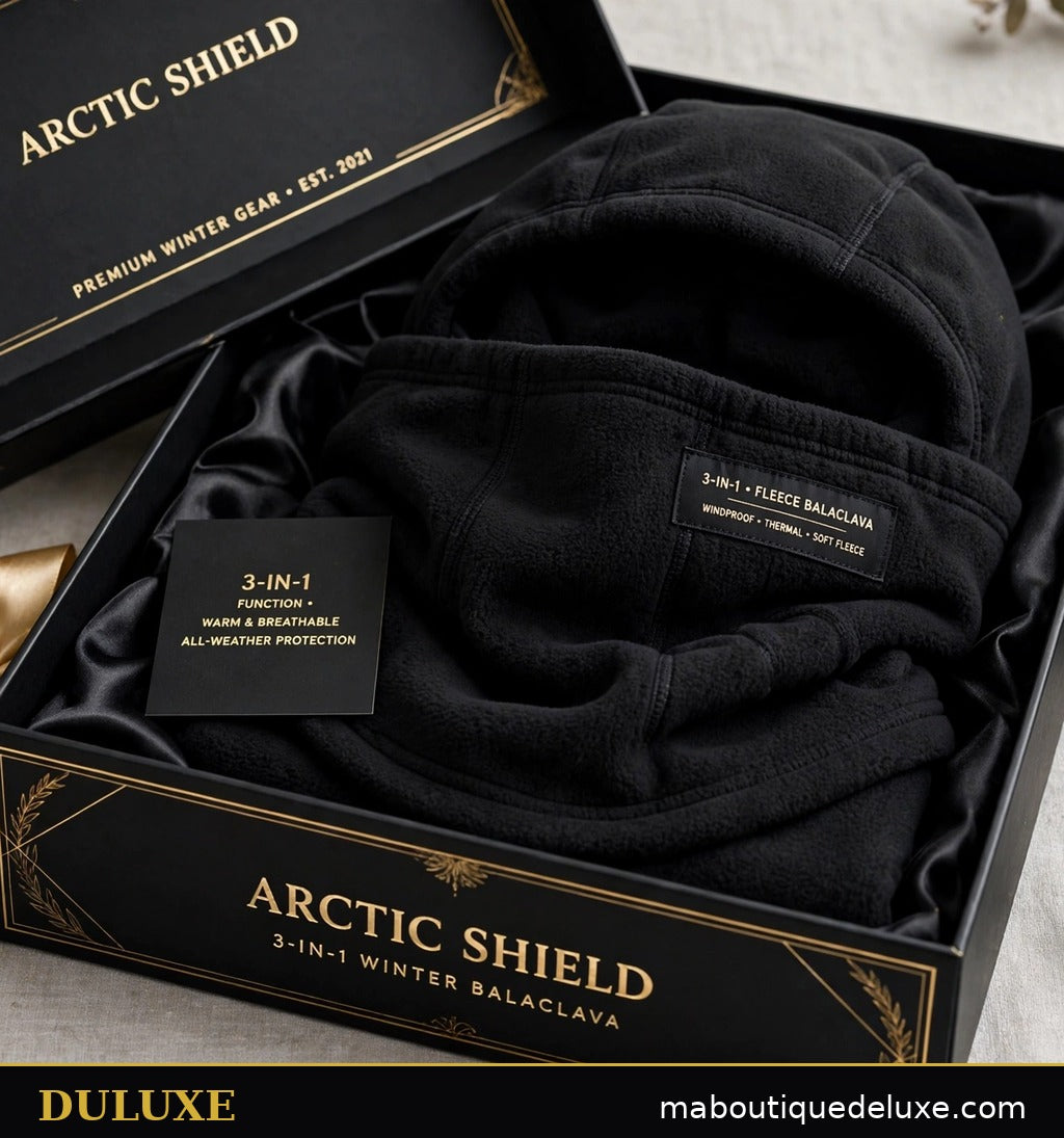 Cagoule d'hiver 3-en-1 DULUXE noire présentée en coffret cadeau noir et or, emballage soigné