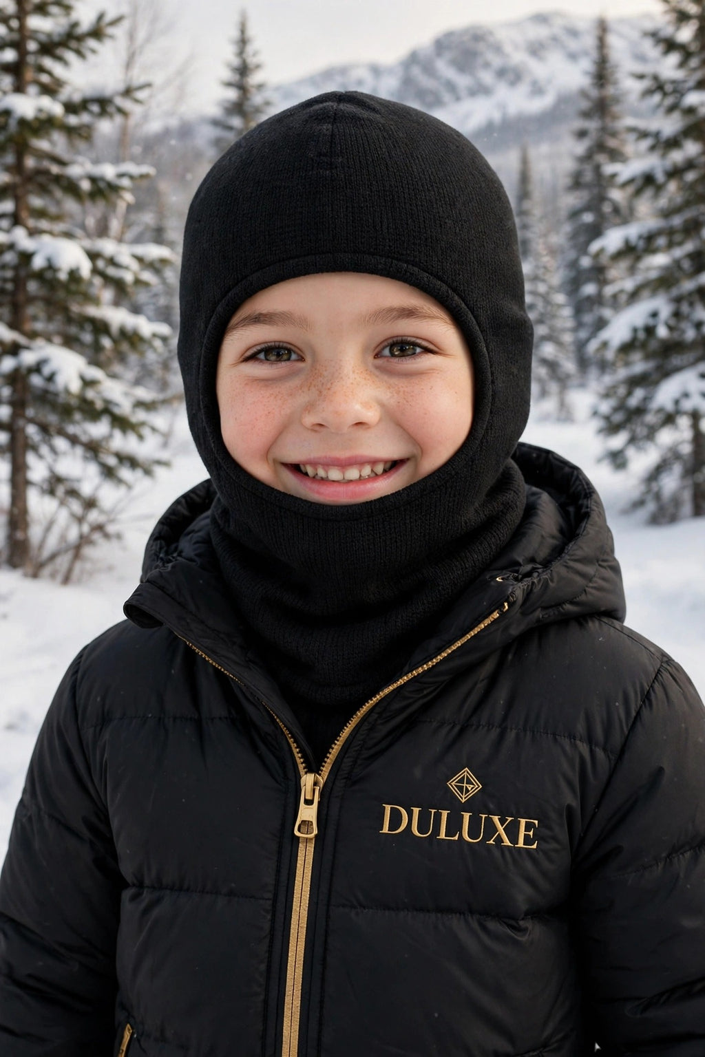 Cagoule d'hiver pour enfant DULUXE noire portée dans la neige au Canada, visuel principal