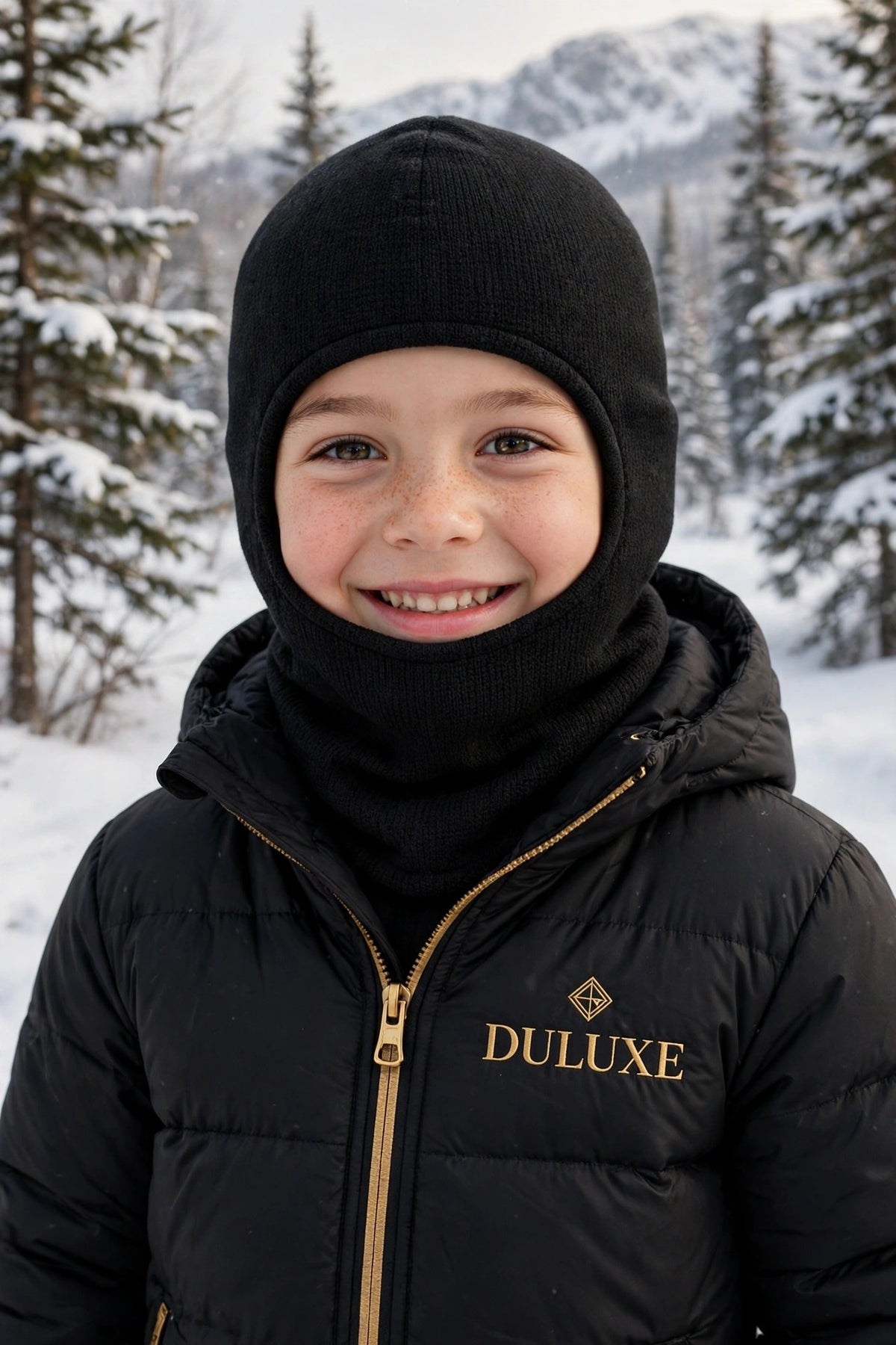 Cagoule d'hiver pour enfant DULUXE noire portée dans la neige au Canada, visuel principal