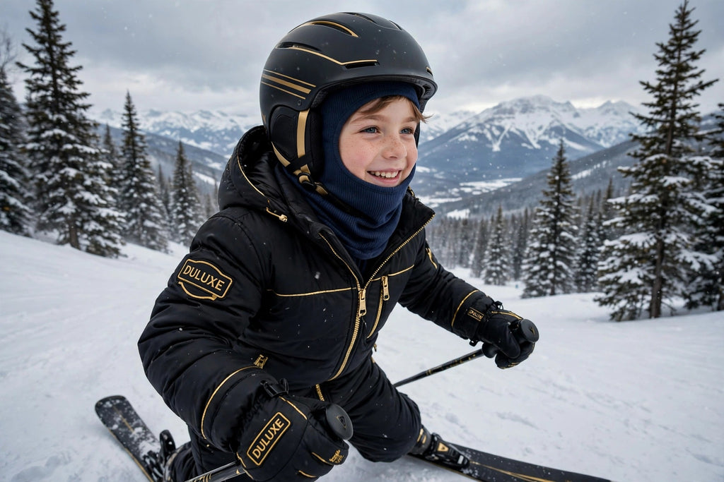 Cagoule d'hiver pour enfant DULUXE bleu marine portée sous un casque de ski sur les pistes enneigées