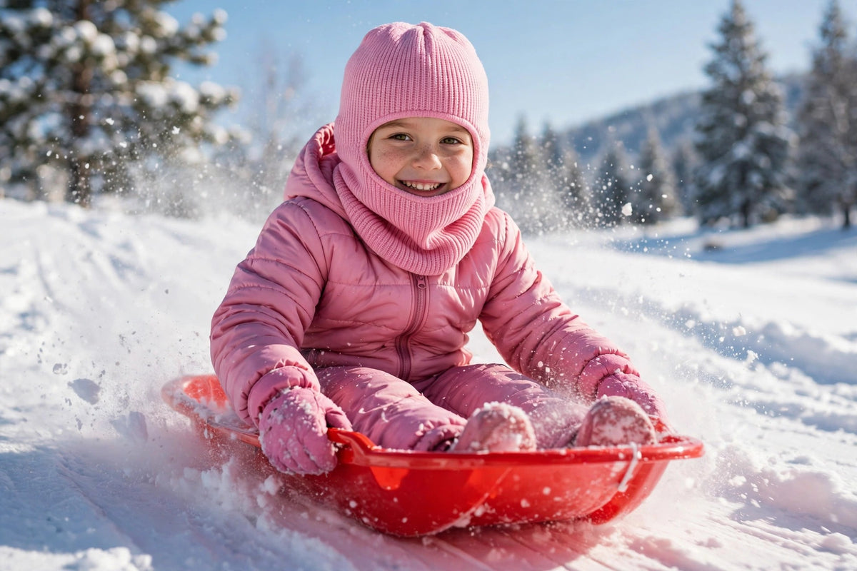 Cagoule d'hiver pour enfant DULUXE rose portée en faisant de la luge dans la neige fraîche
