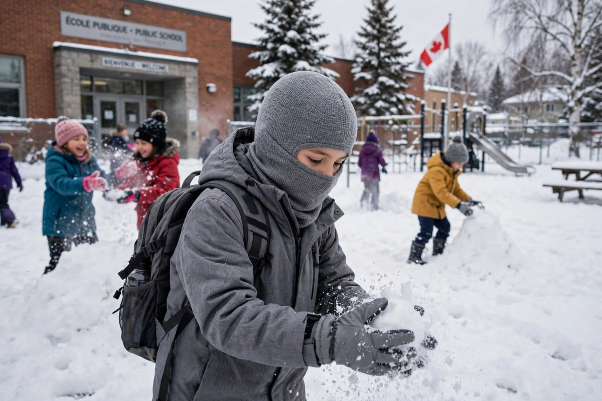 Cagoule d'hiver pour enfant DULUXE grise portée dans une cour d'école enneigée en hiver