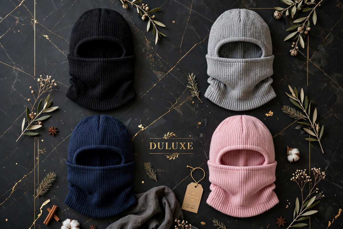 Cagoules d'hiver pour enfant DULUXE en quatre couleurs à plat : noir, gris, bleu marine et rose