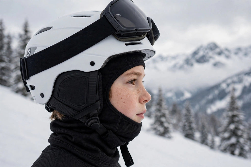 Cagoule d'hiver pour enfant DULUXE portée sous un casque de ski, profil latéral en montagne enneigée