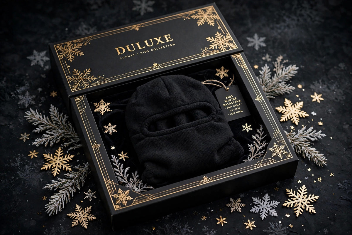 Cagoule d'hiver pour enfant DULUXE noire présentée en coffret cadeau noir et or, emballage soigné