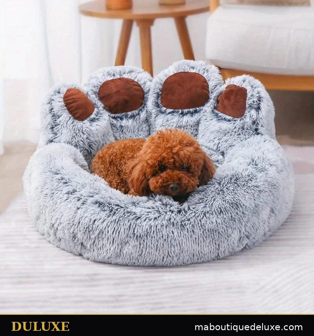 Canapé-lit patte d'ours DULUXE, caniche roux confortablement installé dans le coussin moelleux gris