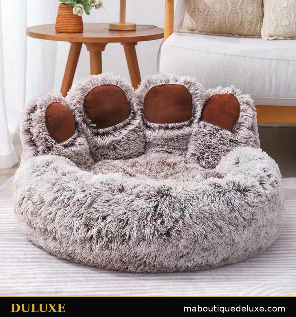 Canapé-lit patte d'ours DULUXE vide, dossier en forme de patte avec coussinets brun chocolat, peluche longue grise
