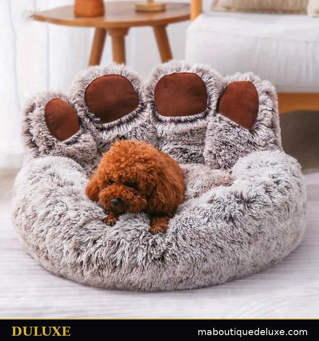 Canapé-lit patte d'ours DULUXE et son coussin profond, caniche roux en plein repos