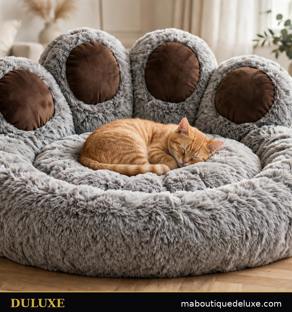 Chat roux endormi dans le canapé-lit patte d'ours DULUXE, ambiance salon élégante et chaleureuse