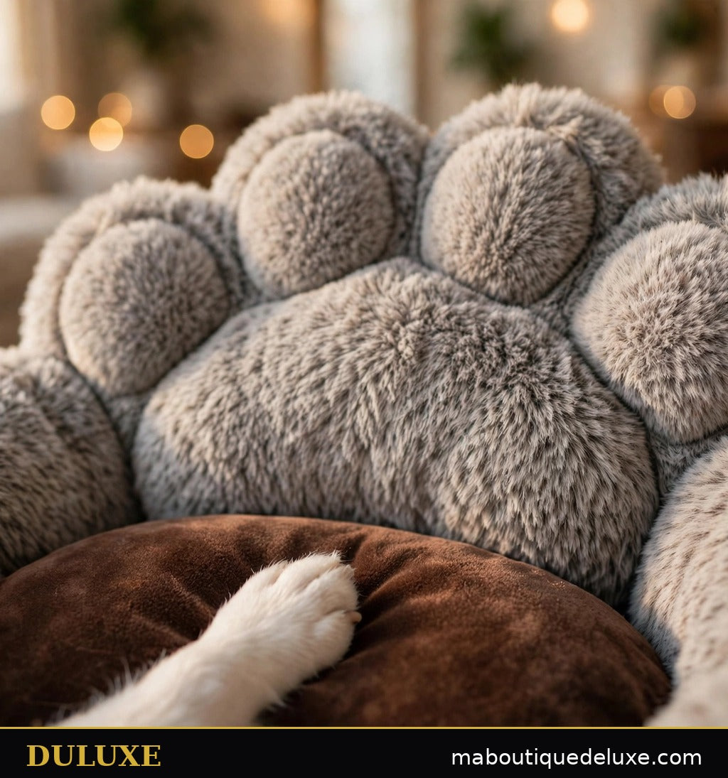 Gros plan sur la peluche ultra douce et le coussinet brun du canapé-lit patte d'ours DULUXE, patte de chien posée dessus