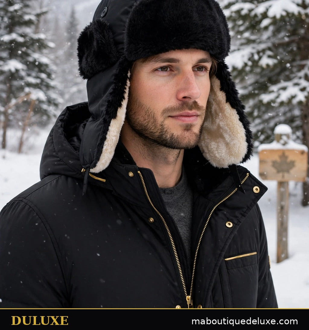 Chapka pour homme DULUXE noire portée oreilles rabattues dans la neige au Canada, visuel principal