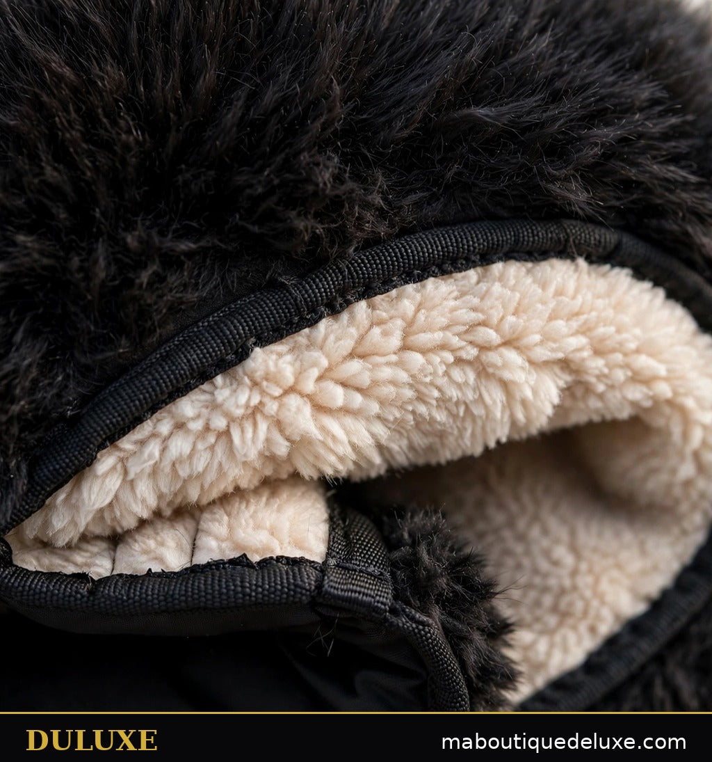 Gros plan sur la fausse fourrure et la doublure polaire de la chapka pour homme DULUXE, texture chaude et douce