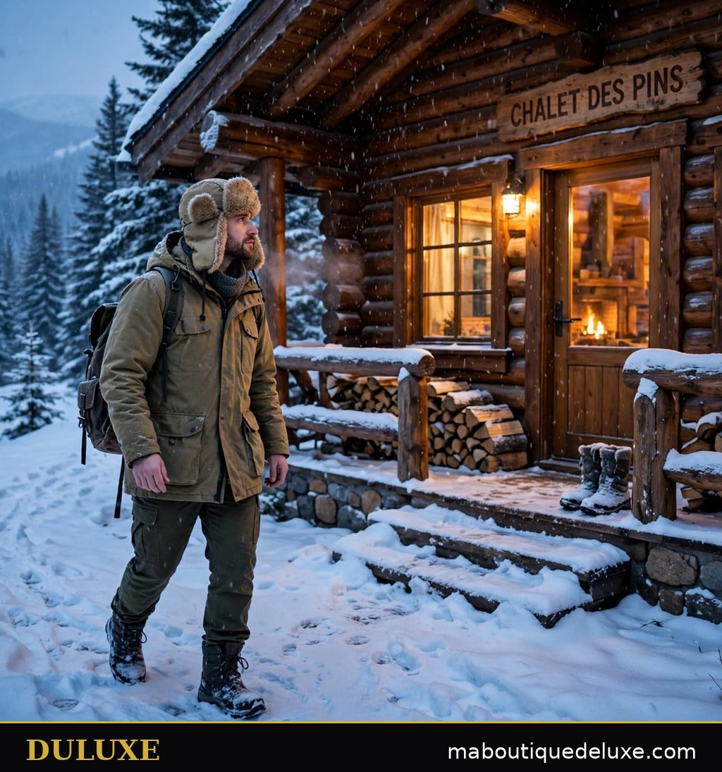 Chapka pour homme DULUXE kaki portée devant un chalet en bois dans la neige au crépuscule